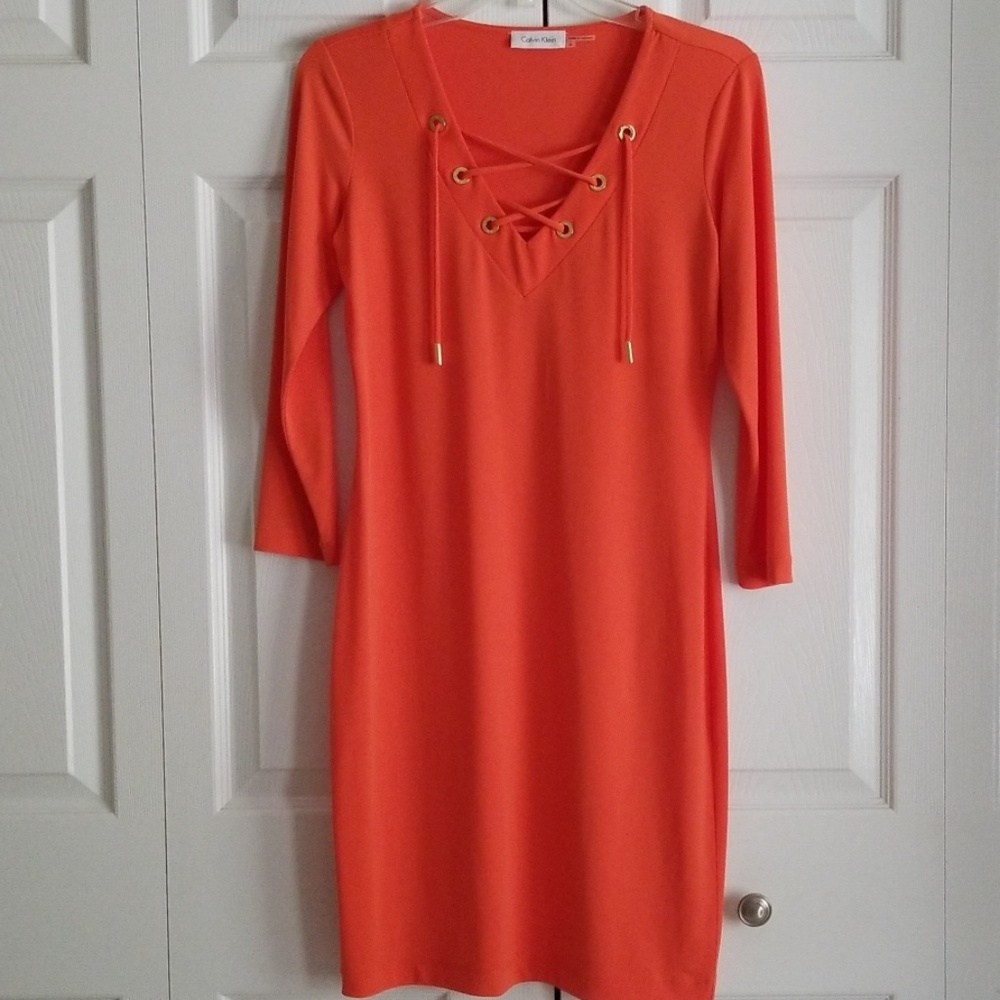Calvin Klein Orange Lace Up V Neck Shift Dress